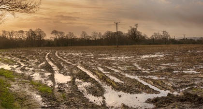 Flooded muddy fields with water-filled tractor tyre marks and a grey sky above